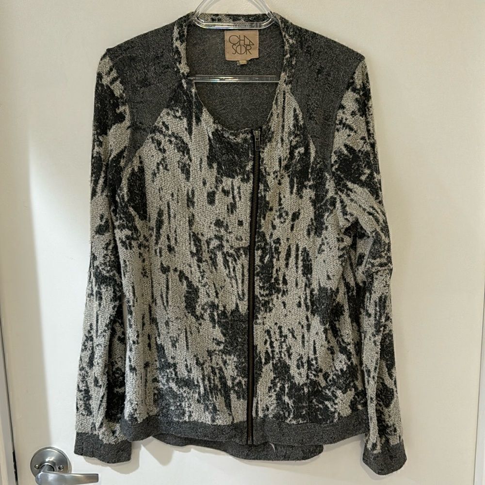 CHASER Teardrop gray white textured zip sweater moto‎ jacket large